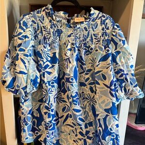 Hailey & Co Boutique Blue & White Floral Smocked Blouse